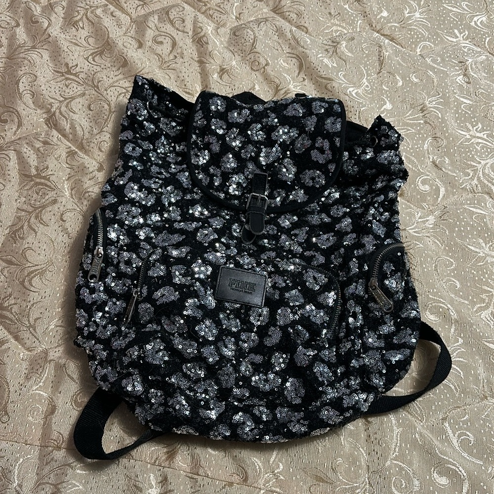 Rare Black & Silver Pink Victoria’s Secret Cheetah Print Sequin Backpack